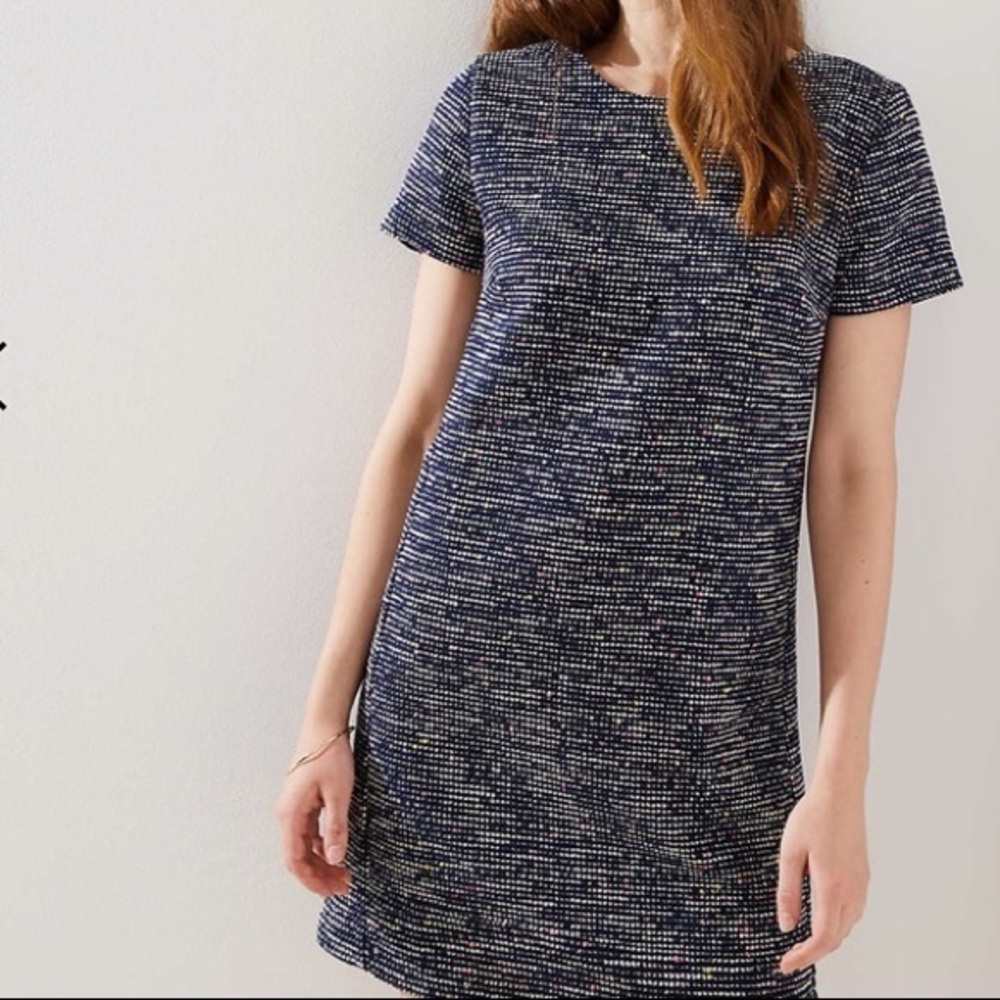 LOFT Size 18 Navy Blue Boucle Tweed Short Sleeve Shift Dress